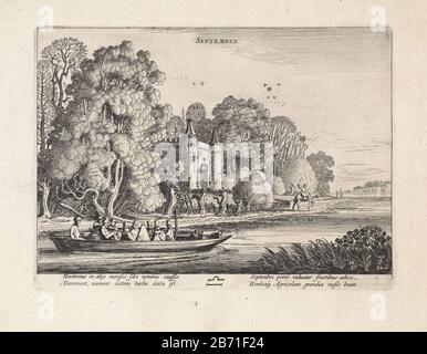 Landschap a rencontré figuren dans een trekschuit septembre (objet op de titre) de twaalf maanden (serietitel) Duodecim anni mensium (serietitel) un paysage avec des figures de fret dans une barge tirée par un cavalier sur un chemin de remorquage, représentant septembre. Au milieu d'un château. Vers le bas le symbole astrologique de la constellation de la Balance. Imprimez une série de twaalf. Fabricant : printmaker Jan van de Velde (II) dans son dessin: Jan van de Velde (II) auteur: Reinier Éditeur: John Janssonius (possible) Lieu de fabrication: Nord Pays-Bas Date: 1608 - 1618 Caractéristiques physiques : matériel de gravure: Pape Banque D'Images