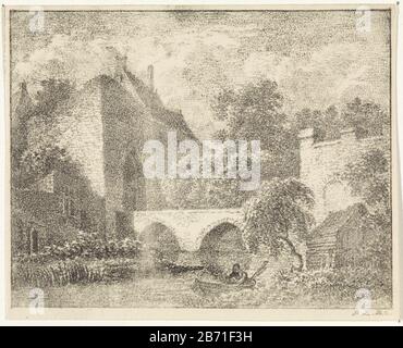 Landschap a rencontré fort en brug Sur l'eau, un bateau avec une figure d'aviron. À droite de l'édifice du pont avec des remparts, a quitté le pont jusqu'à la porte d'entrée du fort. Sur la rive droite de la rivière se trouve un petit huis en bois. Fabricant : Pieter Bartholomeusz, Créateur D'Impression. Barbiers (indiqués sur l'objet) Lieu de fabrication: Haarlem Date: 1809 - 1837 Caractéristiques physiques: Matériel de lithographie: Technique du papier: Lithographie (technique) Dimensions: Feuille: H 100 mm × W 127 mm Objet: Tours  Pont urbain fortifié dans la ville à travers la rivière, le canal, etc Banque D'Images