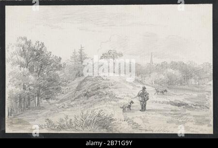 Landschap met jager en honden, in heuvelachtig terrein Paysage avec chasseur et chiens, en terrain vallonné Type d'objet: Dessin Numéro d'objet: RP-T 1953-299 Fabricant : artiste: Jan van Ravenswaay Date: 1799 - 1869 Caractéristiques physiques: Crayon: Papier crayon Dimensions: H 131 mm × W 201 mm Objet: chien de chasse à basse colline Banque D'Images