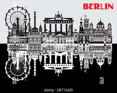 Illustration vectorielle des monuments de Berlin, Allemagne. Illustration isolée monochrome. Concept de voyage à Berlin. Illustration horizontale des repères de Illustration de Vecteur