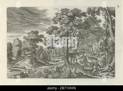 Dans une forêt, un voyageur attaqué par des bandits. L'imprimé fait partie d'une série de quatre parties de paysages représentant des scènes de la parabole Du Bon Samaritan Manufacture Créateur: Printmaker Julius Goltzius (propriété cotée) conçu par Hans bol (bâtiment classé) éditeur: J. Janssonius (bâtiment classé) lieu de fabrication: Anvers Date: 1560 - 1595 Caractéristiques physiques: Matériel automobile: Paper technique: Engraa (processus d'impression) Dimensions: Bord de la plaque: H 116 mm × W 174 mm Objet: Le voyageur a été attaqué par des voleurs  parabole de la bonne Samaritanpériphérie ou village (+ ville (-scape) avec des chiffres, staf Banque D'Images