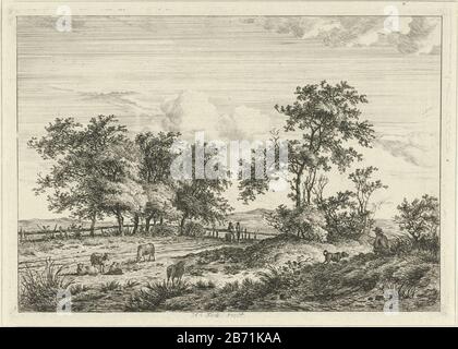 Landschap a rencontré tekenaar en fond Dans un pré avec des moutons debout deux personnes en arrière-plan avec une clôture. Au premier plan est un chien avec un homme avec un croquis dans son knieën. Fabricant : printmaker Hermanus Fock (propriété cotée) Lieu de fabrication: Amsterdam Date: 1781 - 1822 Caractéristiques physiques: Matière de gravure: Technique du papier: Gravure Dimensions: Bord de la plaque: H 170 mm × b 238 mm Objet: Dograpporteur pour avis au travail - CC - extérieur ou par Banque D'Images