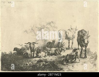 Landschap met vee en een melkmeid Dans une campagne sont quelques vaches, chèvres et un chien. Derrière elle se tient une mailleuse avec un joug sur ses schouders. Fabricant : printmaker: Jan van Noordt (1623-1676) conçu par Pieter Bodding of Laer Print auteur: Paulus Potter (propriété listée) Lieu de fabrication: Amsterdam Date: 1644 - 1726 Caractéristiques physiques: Gravure et engraflage matériau: Papier technique: Gravure / engraflage (impression) mesures: Bord de la plaque: H 159 mm × W 217 mm Objet: milkmaidcowgoatdog Banque D'Images