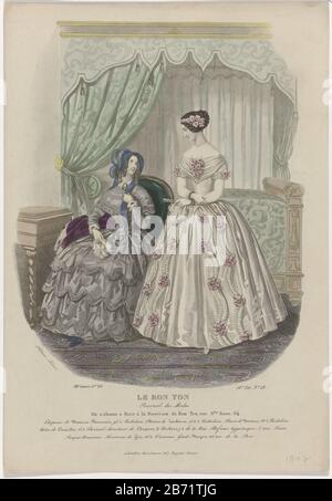 Deux femmes dans une chambre, un lit avec auvent en arrière-plan. Gauche : robe grise à manches longues et large strobenrok à ourlet festonné. À droite : robe de soirée blanche avec encolure bateau décorée de fleurs roses. Parmi le spectacle quelques lignes de publicité textuelle pour divers produits. Imprimez le magazine de mode le bon ton (1834-1884) . Fabricant : printmaker: Anonyme au dessin: Heloise Leloir-Colin (propriété cotée) Lieu de fabrication: Paris Date: 1847 Caractéristiques physiques: Engrala, matière de couleur manuelle: Technique du papier: Engraa ( procédé d'impression) / mesures de couleur à la main: Feuille: H 270 mm × W 187 M. Banque D'Images