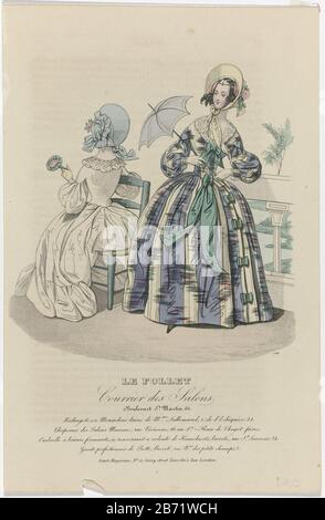 Le Follet Courrier des Salons, 1838, no 758 Redingote en Mousseline lain () Deux femmes à une balustrade, dont une sur la vue arrière. Selon la légende: Redingote woolen mousseline Lallemand. Chapeaux de Maxence. Fleurs Chagot Frères. Parasol à Cadency fermente, se renversant un volonté '(?) De Hamel Aerts breveté. Gants Protte breveté. Imprimer le magazine de mode le Follet courrier des Salons (novembre 1829 octobre 1882) . Fabricant : printmaker: Anonyme Date: 1838 Caractéristiques physiques: Engraa, matière de couleur manuelle: Technique du papier: Engraa (processus d'impression) / couleur de la main dimensions: Banque D'Images