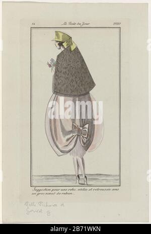 Selon la légende, c'est une suggestion pour une robe, Où: Au dos est caché et arrêté sous un grand ruban d'arbalète. Elle porte à cela un peu de fourrure sans manches (?). Fleurs à la main. Imprimez le magazine de mode le Gout du Jour (1920-1922) . Fabricant : printmaker: Éditeur anonyme: François Berlouard (possible) Lieu de fabrication: Paris Date: 1920 Caractéristiques physiques: Engraa, avec modèles et matériaux de couleur: Papier technique: Engraa (impression) / pochœur / mesures de couleur à la main: Bord de la plaque: H 179 mm × W 108 mm Objet: Platesarbalète de mode (partie ornementale de tissu Banque D'Images