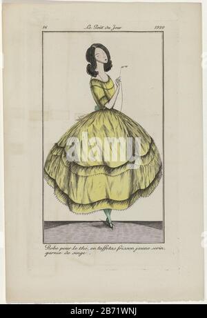 une femme dans une grenouille de l'après-midi ou un thé-robe 'de taffeta jaune canari ou de taffeta frisson' tondu avec fourrure de singe. En utilisant un pince-nez sur un collier. Imprimez le magazine de mode le Gout du Jour (1920-1922) . Fabricant : printmaker: Éditeur anonyme: François Berrouard (possible) Lieu de fabrication: Paris Date: 1920 Caractéristiques physiques: Engraa, avec modèles et matériaux de couleur: Papier technique: Engraa (procédé d'impression) / pochœur / mesures de couleur à la main: Bord de la plaque: H 177 mm × W 107 mm Objet: Fashion plates robe, robe (THÉ-robe) (+ vêtements pour femmes) lunettes, lunettes - AA - fem Banque D'Images