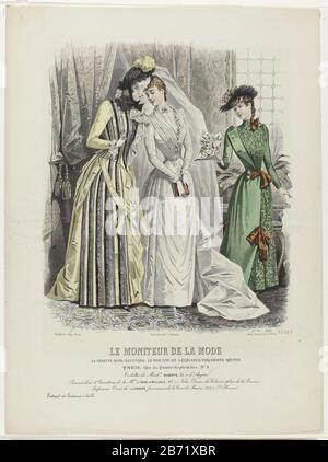 Le moniteur de la mode, 1889, Nr 2532c, No 19 Toilette de Made Duboys UNE mariée debout dans une robe de mariage avec sentier à côté d'une femme plus âgée. Une jeune femme tient son bouquet. Selon la légende, les "toilettes" de Madame Duboys. Voici quelques règles texte publicité pour divers produits. Imprimer le magazine de mode le moniteur de la mode (1843-1913) . Fabricant : printmaker A. porter (propriété cotée) au dessin: Jules David (1808-1892) (bâtiment classé) Editeur: Abel Goubaud (objet coté) imprimante H. Lefèvre (propriété coté) Lieu de fabrication: Paris Date: 1889 Caractéristiques physiques: ENG Banque D'Images