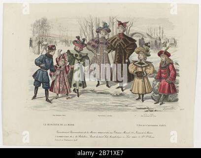 Le moniteur de la mode, 1896, Nr 3227e, No 3 Garnitures et Passementeries un groupe d'enfants debout ou patinant sur la glace. En arrière-plan, plus de gens patinant et quatre voitures avec des chevaux. Parmi le spectacle quelques lignes de publicité textuelle pour divers produits. Mode d'impression à partir du magazine le moniteur de la mode (1843-1913) . Fabricant : Print Maker: A. Portier (indiqué sur l'objet) au dessin de: Esnault (indiqué sur l'objet) éditeur: Abel Goubaud (indiqué sur l'objet) bouton: Larivière ( inscrit sur l'objet) Lieu de fabrication: Paris Date: 1896 Caractéristiques physiques: Engraa, contrainte de couleur main Banque D'Images