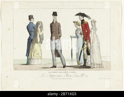 Un soldat est en uniforme anglais des deux côtés du bras d'une femme. Selon la légende, ce sont des exemples de modes anglais à Paris. Imprimez une série de 30 imprimés de mode, le Supreme bon ton, Paris, 1800-1815. Fabricant : printmaker: Éditeur anonyme: Aaron Martinet (propriété cotée) Lieu de fabrication: Printmaker: France Éditeur: Paris Date: 1800 - 1815 Caractéristiques physiques: Gravure, avec le matériel de couleur: Papier technique: Gravure / mesures de couleur à la main: Bord de la plaque: H 210 mm × W 294 mm Objet: Plateaux de mode: EnglishmenEuropéens (AVEC NOM) équipement: chapeau (+ wome Banque D'Images