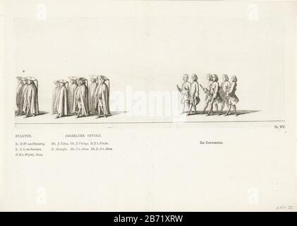 Leden van Gedeputeerde Staten van Friesland in de begrafenisstoet van prinses Maria Louise, 1765 Lijkstatie van prinses Maria Louise, 1765 (seretitel) membres de l'exécutif provincial de Friesland et porte où: Les gestionnaires. Signature en bas à droite : PL. V. Sur la feuille en dessous de l'enregistrement des noms des personnes dans la procession. Partie de l'ensemble des assiettes des funérailles de la princesse Mary Louise Leeuwarden le 13 juin 1765. Fabricant : printmaker: Rienk Jelgerhuisuitgever Abraham FerwerdaPlaats fabrication: Leeuwarden Date: 1765 Caractéristiques physiques: Matière de gravure: Technique du papier: Gravure Dimensio Banque D'Images