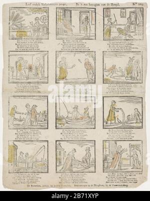 Leef vrolyk vaderlansche jeugd, Par 't Nut betragten van de deugd (objet op titel) feuille avec 12 représentations de différents états et professions Où: Sous patinage, une femme reçoit une lettre de son plus jeune amant et un jeune couple de pêche. Onde relke image un verset de six lignes. Numéroté en haut à droite : n° 103. Fabricant : éditeur: James Thompson (indiqué sur l'objet) fabricant d'impression: Fabrication anonyme: Éditeur: Rotterdam Imprimer auteur: Pays-Bas Date: 1791 - 1812 Caractéristiques physiques: Bloc de bois de couleur jaune et orange; matériel d'impression de texte: Technique du papier: Woo Banque D'Images