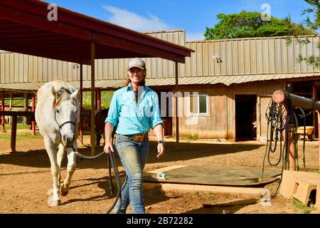 Les chevaux en stabilité sont allés à pied jusqu'au corral par une jeune cow-girl souriante et attrayante à un Ranch Gunstock de 900 acres, île d'Oahu, Laie, Hawaï, États-Unis Banque D'Images