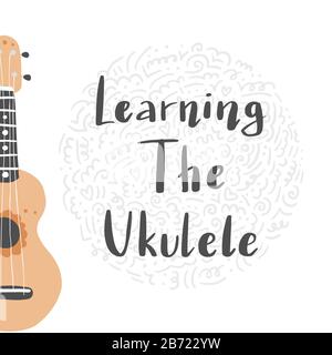 Bande dessinée ukulele avec texte lettrage pour le cours ukulele, canal, logo design. Petite guitare de style hawaï. Illuataration vectorielle du style dessiné à la main. Illustration de Vecteur