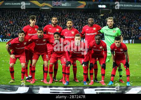 Glasgow, Royaume-Uni. 12 mars 2020. Rangers FC a joué Bayer Leverkusen dans la ronde de 16 -1ère étape du stade de Ranger, Ibrox, Glasgow. Dans la ligue "Europa" de l'UEFA.Selon Steven Gerrard, responsable de Ranger, ce jeu constitue un grand défi, mais il est espéré que son équipe puisse s'appuyer sur des performances précédentes. Pré-match de l'équipe Bayer 04 Leverkusen. Crédit: Findlay/Alay Live News Banque D'Images