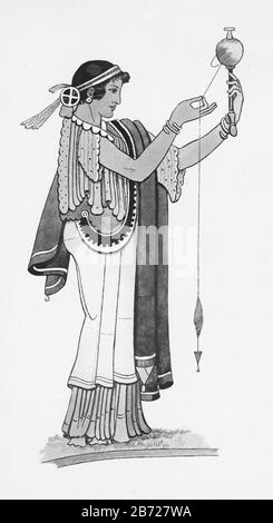 Illustration d'une femme de la Grèce antique qui tourne de la laine, d'un ensemble d'affiches scolaires utilisées pour les études sociales, c 1930 Banque D'Images