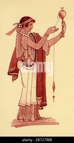 Illustration d'une femme de la Grèce antique qui tourne de la laine, d'un ensemble d'affiches scolaires utilisées pour les études sociales, c 1930 Banque D'Images