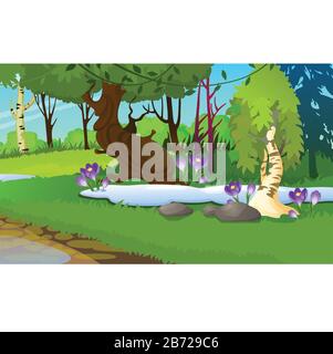 Paysage pittoresque avec une forêt printanière, des chutes de neige ou des crocodiles, du bouleau et de l'herbe verte. Esquisse d'une belle affiche ou d'un placarde sur le thème de Illustration de Vecteur