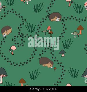 Hedgehog Trails, empreintes et champignons illustration du modèle vectoriel sans couture Illustration de Vecteur