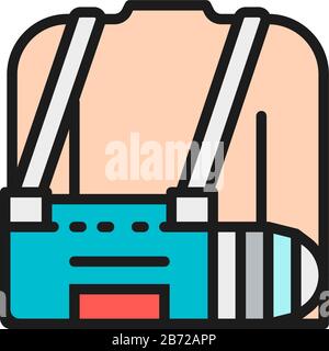 Bras cassé, bandage, homme blessé, icône ligne de couleur plate. Illustration de Vecteur