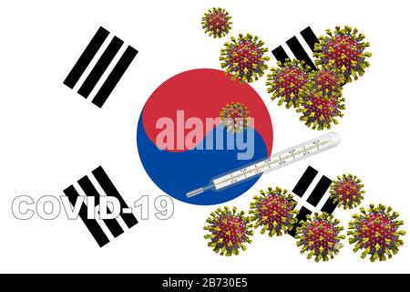 Illustration tridimensionnelle, virus Corona, covid-19 avec thermomètre clinique sur un drapeau de Corée du Sud. Banque D'Images