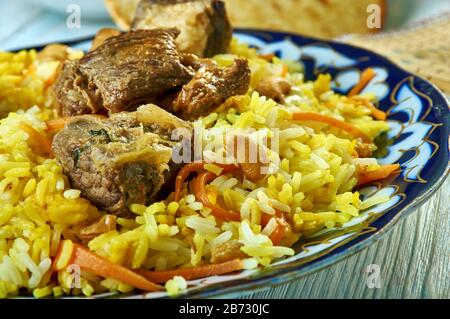 Riz Yakhni, cuisine cachemiri, plats indiens traditionnels assortis, vue sur le dessus. Banque D'Images