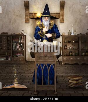 Ancien assistant au travail avec sa baguette magique à l'intérieur d'une chambre d'alchimie Banque D'Images