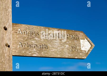 Panneau en bois pour le sentier côtier Angus, près d'Arbroath Scotland Banque D'Images