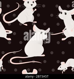 Motif sans couture de mignonne souris de dessin animé petite souris blanche illustration vectorielle plate sur fond sombre. Illustration de Vecteur
