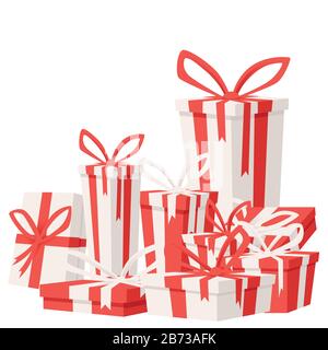 Groupe de boîtes cadeaux en carton blanc et rouge plates avec rubans colorés illustration vectorielle plate sur fond blanc. Illustration de Vecteur