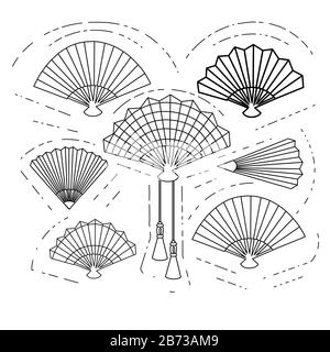 Ensemble de fans de main style asiatique vintage souvenir contour style icône collection plate illustration vectorielle sur fond blanc. Illustration de Vecteur