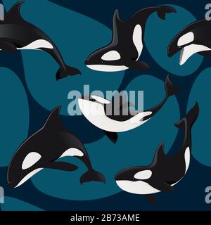 Motif transparent de l'épaulard orca dessin animal dessin vectoriel plat sur fond bleu. Illustration de Vecteur
