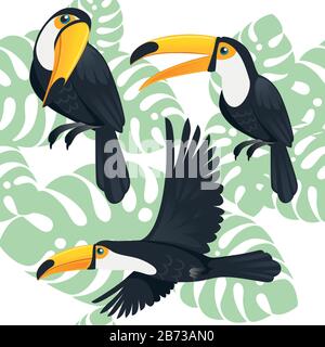 Motif sans couture de l'oiseau toucan brésilien mûr dessin animal dessin vectoriel plate sur fond blanc avec des feuilles vertes. Illustration de Vecteur