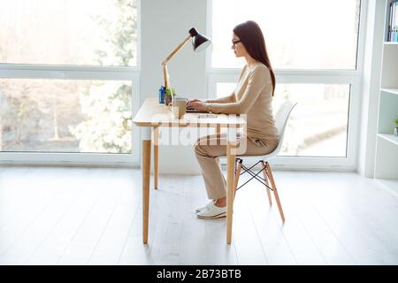 Vue latérale portrait d'une femme d'affaires séduisante dans des verres assis à la table près de la grande fenêtre et taper sur son ordinateur portable. Banque D'Images