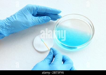 chimiste au laboratoire de blue glowes. test avec plaque de verre, liquide bleu et échantillonneur sur ses mains. virus et concept de soins de santé Banque D'Images