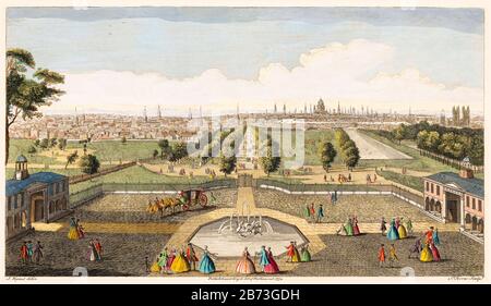 Vue sur le parc Saint-Jacques, Londres, du palais de Buckingham, illustration du XVIIIe siècle de Jacques Rigaud et Robert Sayer, 1752 Banque D'Images