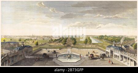 Vue sur St James's Park depuis Buckingham Palace, Londres, illustration du XVIIIe siècle de Jacques Rigaud, 1736 Banque D'Images