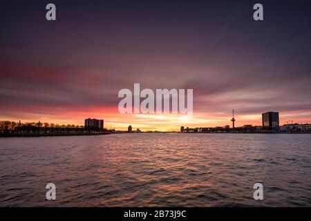 La ville de Rotterdam la nuit. Canal de Maas au premier plan, coucher de soleil avec beau ciel, Rotterdam, Pays-Bas. Banque D'Images