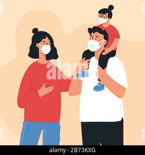 Soins de santé et concept médical.famille portant un masque médical protecteur pour prévenir le virus Wuhan Covid-19 Illustration de Vecteur