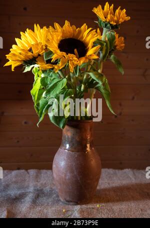 Un bouquet de tournesols dans un pichet en céramique vintage Banque D'Images