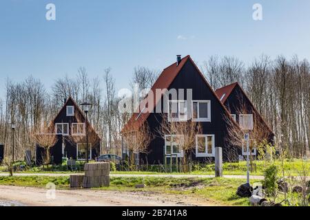 Almere, Pays-Bas, 12 mars 2020: Maisons en bois modernes et écologiques à Oosterwold déstrict à Almere. Banque D'Images