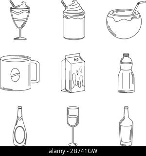 boissons verre tasses bouteille alcool icônes définir vecteur illustration style icône Illustration de Vecteur