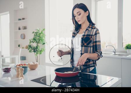 Profil vue latérale photo du chef concentré charmante femme de ménage de charme envie souper soir tenir main stand cuisine porter à carreaux à carreaux plat chemise Banque D'Images