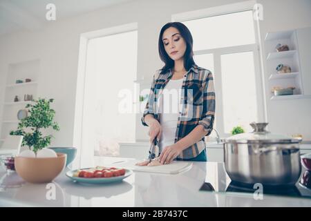 Photo basse vue de la belle dame veulent un séjour de fête ont bol détendre tomate légumes oeufs casserole focalisée tendance vêtements élégant bureau chemise Banque D'Images