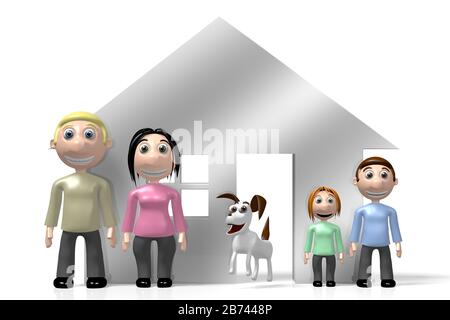 Famille heureuse en trois dimensions, concept de maison Banque D'Images