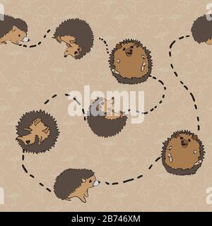 Hedgehog roulant et jouant avec subtil fond de champignons illustration de modèle vectoriel sans couture Illustration de Vecteur