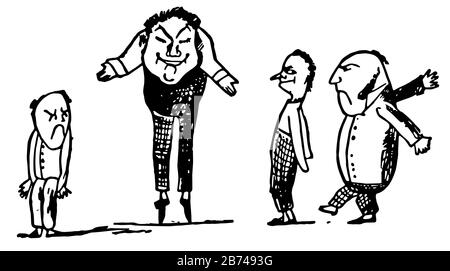 Edward Lear, cette scène montre un homme debout sur les bouts de ses orteils et trois hommes debout près de lui et le regardant, dessin vintage de ligne ou gravure Illustration de Vecteur