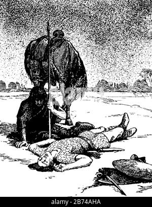 Un homme est tombé sur terre et un autre homme avec cheval assis près de lui, dessin vintage de ligne ou illustration de gravure Illustration de Vecteur