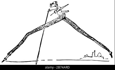 Edward Lear, cette scène montre un homme avec des jambes très longues et tenant le bâton et le parapluie, dessin vintage de ligne ou l'illustration de gravure Illustration de Vecteur