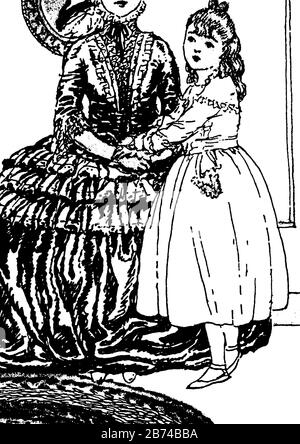 Maggie Tulliver, cette scène montre une petite fille avec une femme en robe de ballon, dessin vintage de ligne ou gravure illustration Illustration de Vecteur